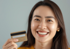 Mujer mostrando una tarjeta de crédito mientras analiza cuánto crédito usar de su límite para mantener un buen historial.