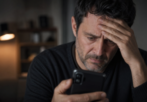 Persona revisando un saldo olvidado en su celular y preocupada por el aumento de la deuda con el tiempo.