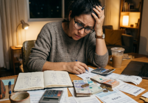 Persona revisando sus finanzas con preocupación mientras organiza gastos y dinero sobre una mesa.
