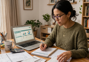 Persona revisando gastos y organizando finanzas personales para mejorar la claridad y control financiero.