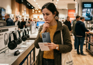 Persona pensando antes de realizar una compra, representando decisiones financieras conscientes y control del dinero.